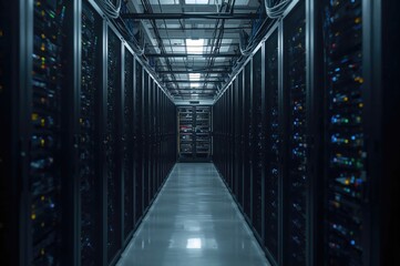 A group of server racks in a data center (shallow depth of field; color graded)