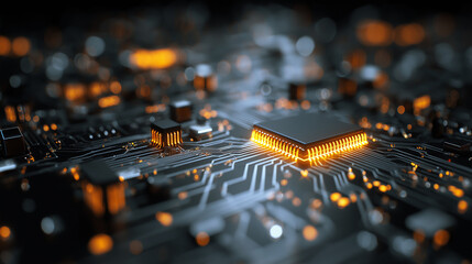 abstract glowing circuit board in dark background, futuristic AI technology concept