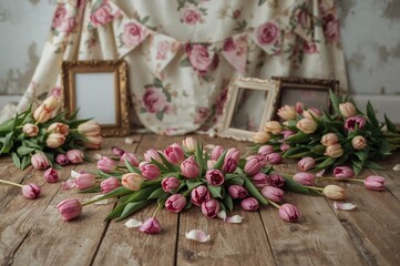 A collection of pink, purple, and yellow tulips scattered across a wooden surface.