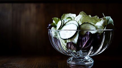 Close up macro perspective of fresh salad leaves and vegetables in glass bowl, mirrorless camera at 100mm macro lens, crisp texture detail, softly blurred wooden background
