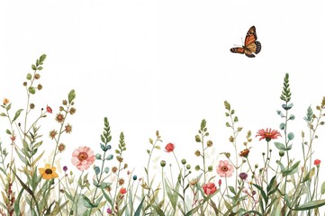 Abstract wild plants and a butterfly on a floral watercolor card, isolated on white background. Horizontal garden-themed illustration for invitations, banners, or decor.