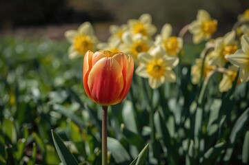 Fototapeta premium A tulip blossom stands out vividly against a backdrop of yellow daffodils