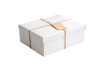 White gift box tied with brown twine and kraft paper tag, isolated on a transparent background