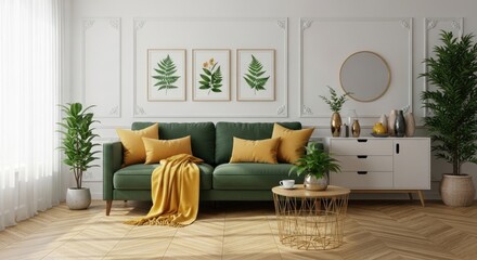 Obraz premium Interior of Stylish living room with comfortable green sofa 