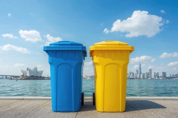 Obraz premium A vivid blue bin and a sunny yellow bin stand side by side, forming a lively display