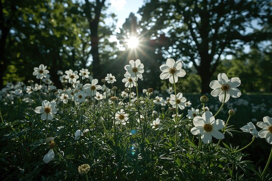 Serene view of blooming white anemones glowing softly under natural light amidst lush greenery