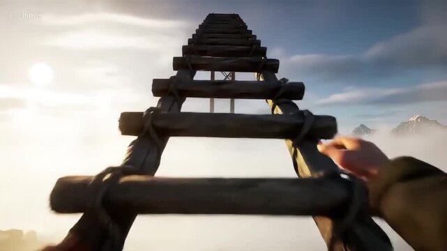 Climbing a rickety wooden ladder above the clouds towards distant snow-capped mountains