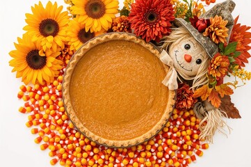 Fototapeta premium An autumn-inspired arrangement featuring pumpkin pie and candy corn