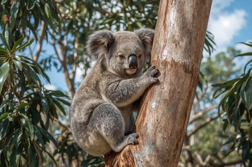 Fototapeta premium A koala living in the trees looks for food.