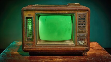 Vintage antique television with a faded green screen