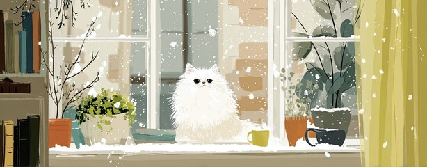 Fluffy white Persian cat sits on snowy windowsill, looking out at falling snow