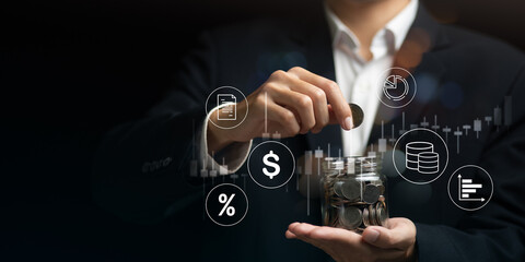 Concept of financial growth and investment strategy illustrated by a businessperson placing coins in a jar with financial icons overlay, data analysis, ROI, and long-term financial planning.