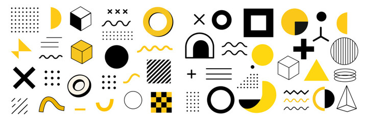 A dynamic collection of abstract geometric shapes and patterns arranged in a clean grid layout. Ideal for modern design projects, branding, packaging, posters, web design, and educational materials.