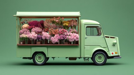 Retro green flower truck, filled with colorful bouquets