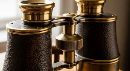 Detailed binocular imagery featuring vintage design and textured leather casing for exploration themed visuals and optical instrument representations aimed at travel and outdoor enthusiasts