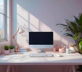 Fototapeta premium Workspace serenity: A modern, minimalist workspace bathed in soft, natural light, offering an inviting atmosphere for creativity and productivity.