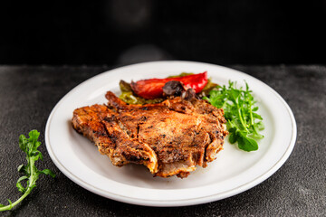 Steak pork barbecue meat tasty snack fresh delicious gourmet food background on the table rustic food top view copy space