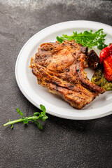 Steak pork barbecue meat tasty snack fresh delicious gourmet food background on the table rustic food top view copy space