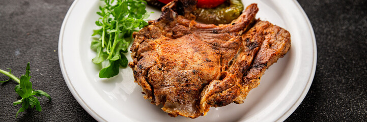 Steak pork barbecue meat tasty snack fresh delicious gourmet food background on the table rustic food top view copy space