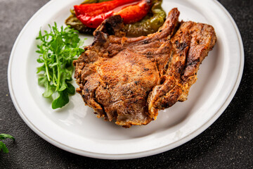 Steak pork barbecue meat tasty snack fresh delicious gourmet food background on the table rustic food top view copy space