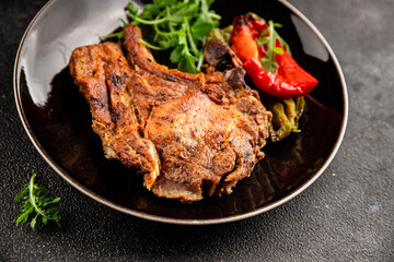 Steak pork barbecue meat tasty snack fresh delicious gourmet food background on the table rustic food top view copy space