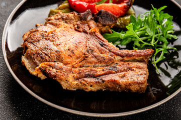 Steak pork barbecue meat tasty snack fresh delicious gourmet food background on the table rustic food top view copy space