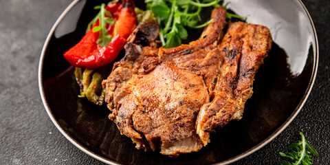 Steak pork barbecue meat tasty snack fresh delicious gourmet food background on the table rustic food top view copy space