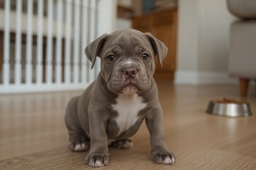 A small pitbull puppy patiently awaits affection from its owner.