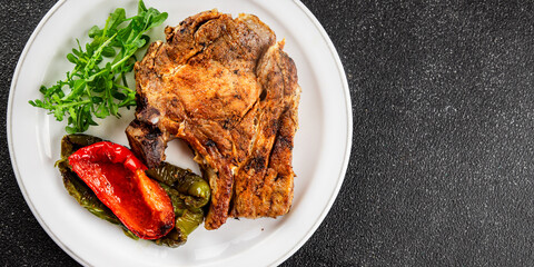 Steak pork barbecue meat tasty snack fresh delicious gourmet food background on the table rustic food top view copy space