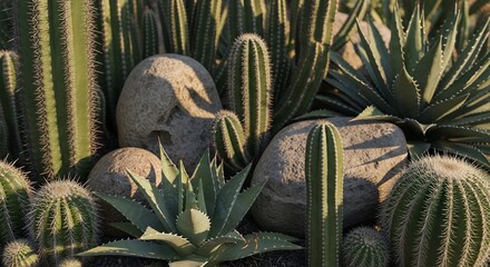 Obraz premium Diverse succulent collection with cacti and agave under natural sunlight featuring varied textures and natural stone for nature themed design botanical studies 