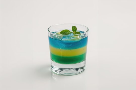 Tri-colored layered alcoholic drink against a plain white backdrop