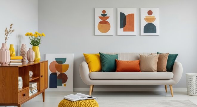 
Interior of Retro style in beautiful living room with grey wall 
