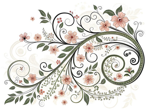 Delicate floral vine swirls with pink blossoms and green leaves botanical