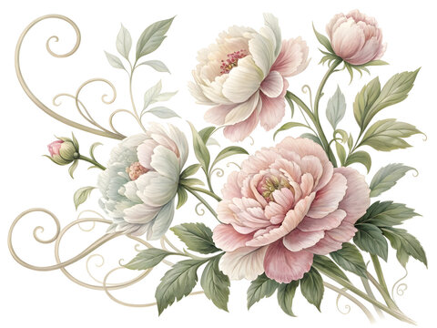 Delicate pink and white peonies with green leaves and golden swirls image