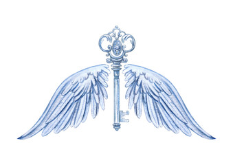Realistic watercolor celestial illustration of vintage silver-blue key with angel wings, flying mystical symbol. Perfect for spiritual decor, fantasy design, and celestial stationery.