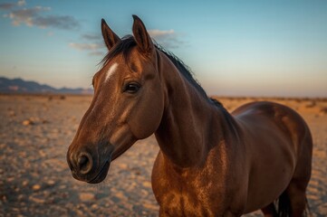 Obraz premium A Photograph of a Brown Arabian Horse in a Sunlit Desert at Dusk