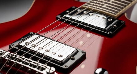 Electric guitar close up with vibrant red finish metal strings and pickups displaying music performance and instrument design in high detail for entertainment content and commercial use