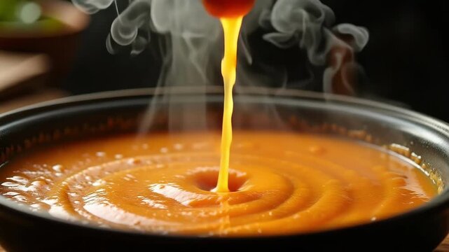 Steaming hot creamy pumpkin soup being served from a spoon, inviting warmth and comfort.