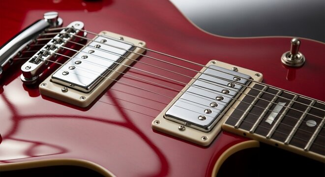 Electric guitar close up red musical instrument with chrome hardware and polished finish for music performance and entertainment visuals ideal for musical projects 152 words - Powered by Adobe