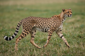 Fototapeta premium Distinctive anatomy of a cheetah featuring a bendable spine, partially retractable claws, elongated limbs, and tail that allow it to achieve a remarkable maximum speed of 110 km/hr (70 mph). The