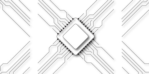 Obraz premium Microchip Processor with Circuit Board Lines on White Background. Modern technology illustration symbolizing electronics, data, hardware, computing. circuit board lines radiating outward clean vector.