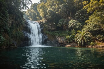 Fototapeta premium A scenic cascade surrounded by dense greenery