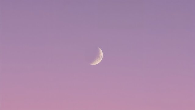 A wide-angle scene featuring a crescent moon against a soft violet sky