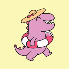 Pink dinosaur with hat and swimming ring laughing happily