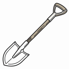 A simple illustration of a garden spade with a wooden handle and a metal scoop on a white background