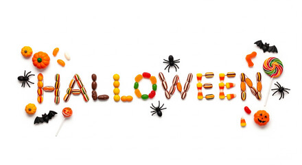 Colorful confectionery spelling out 'Halloween' with charming spooky embellishments, creating a delightful holiday flat lay on a bright white surface