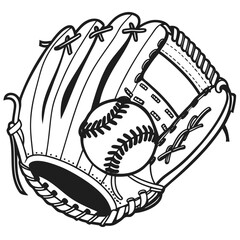 Classic black and white illustration of a baseball resting inside a leather baseball glove