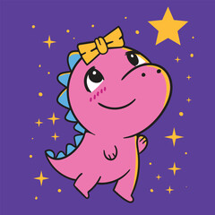 Pink dinosaur reaching glowing star, kawaii fantasy art