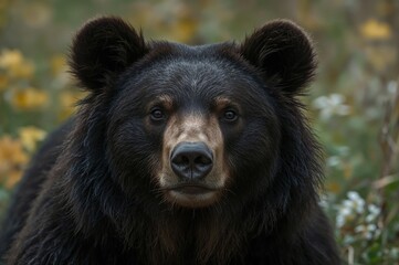 Fototapeta premium Close-up of a black bear's face staring into the lens in a fall meadow