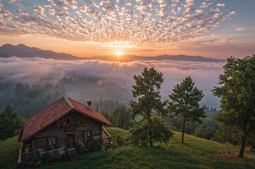 Fototapeta premium Stunning sunrise with soft, low-hanging clouds drifting over mountain hillsides